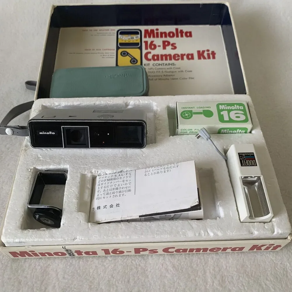 Vintage Minolta 16-Ps Film Spy Camera Kit w Flash, Clamp, Film, Manuals Box MINT
